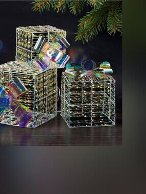 Iridescent Christmas Live Gift Boxes Set of 3, Pre-lit Stackable Lights